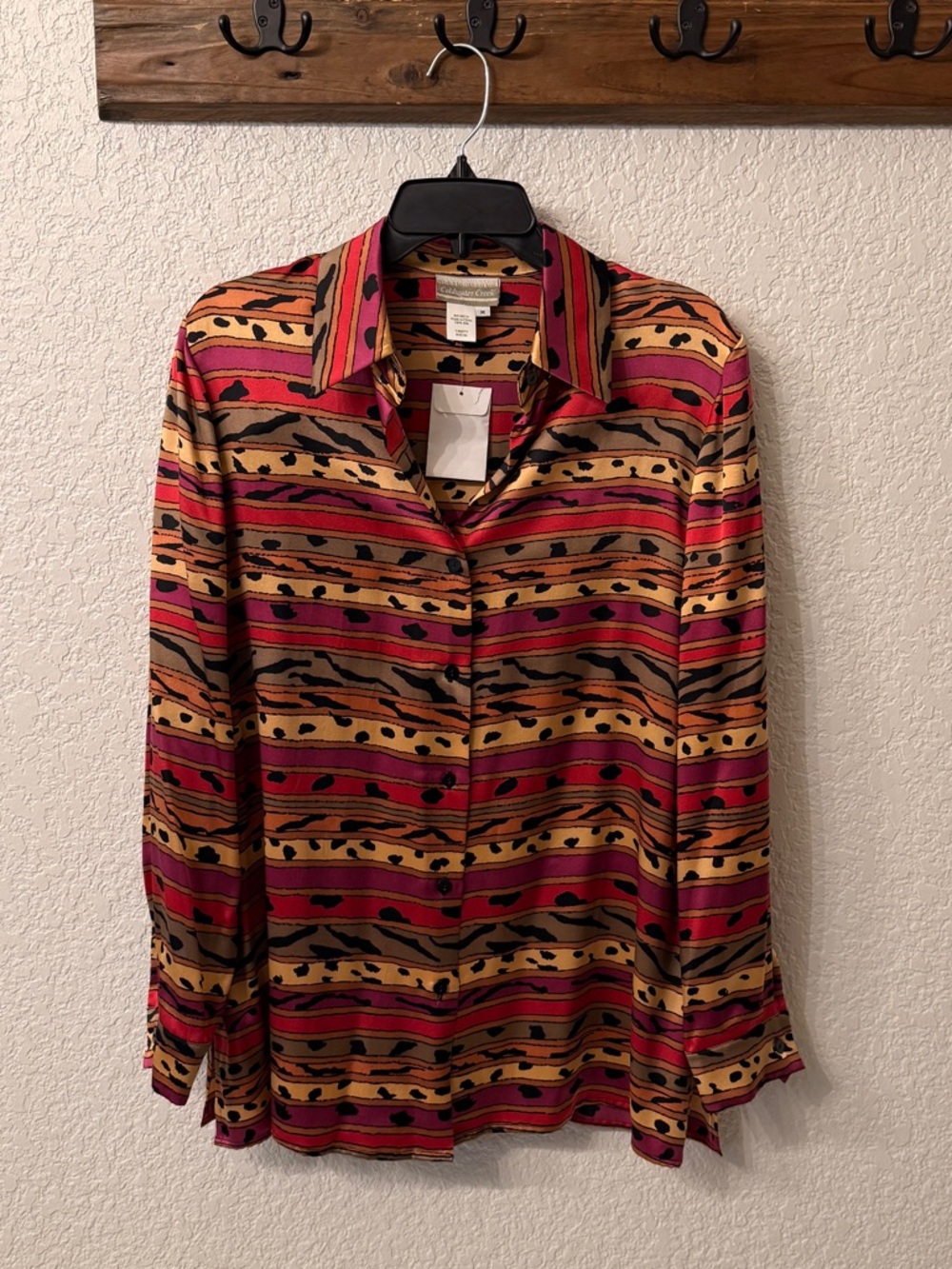 cold water creek Vibrant Striped Button-Up silk Blouse in Red, Tan & Black